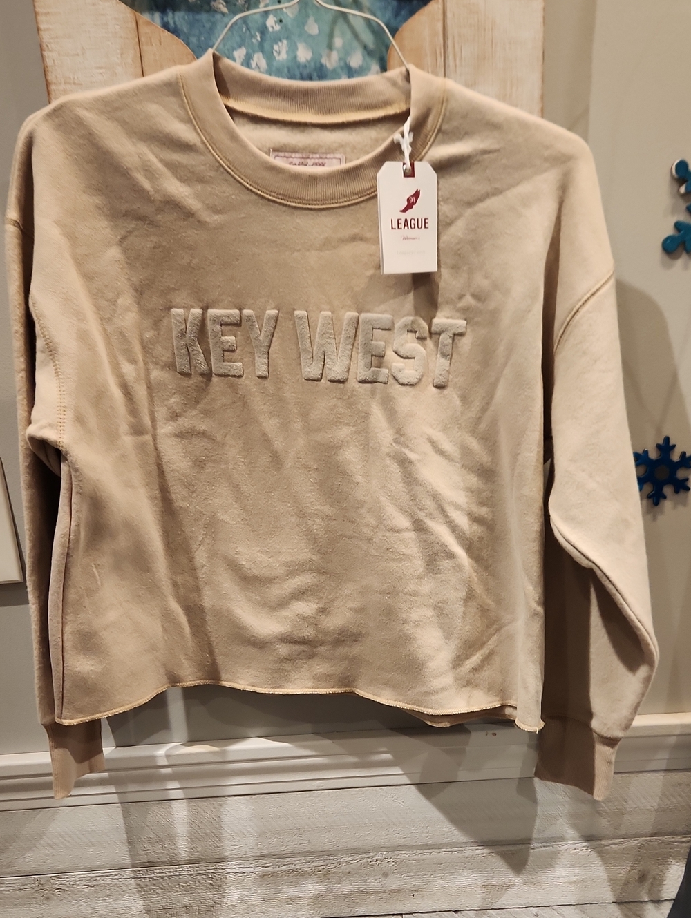 League Crewneck Cropped Sweatshirt in Cream w/Raised 'KEY WEST' Sz S